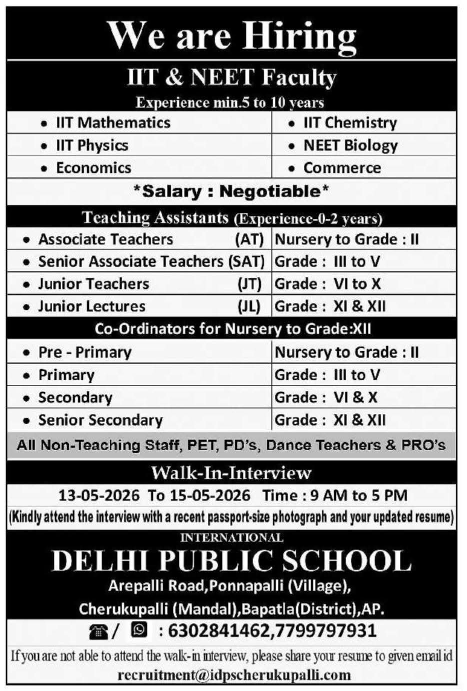Hiring: IIT/NEET Faculty & Staff at Delhi Public School