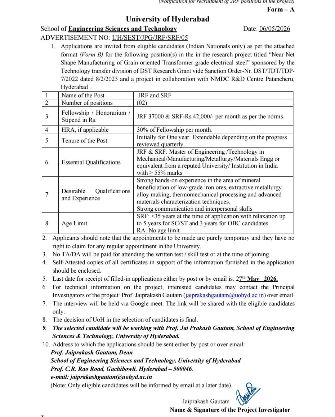 Hiring: JRF & SRF at The University of Hyderabad