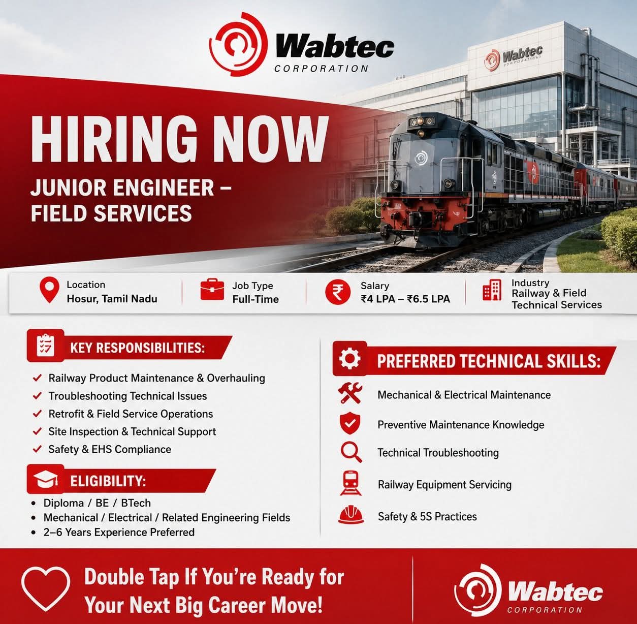 Hiring: Junior Engineer – Field Services at Wabtec Corporation