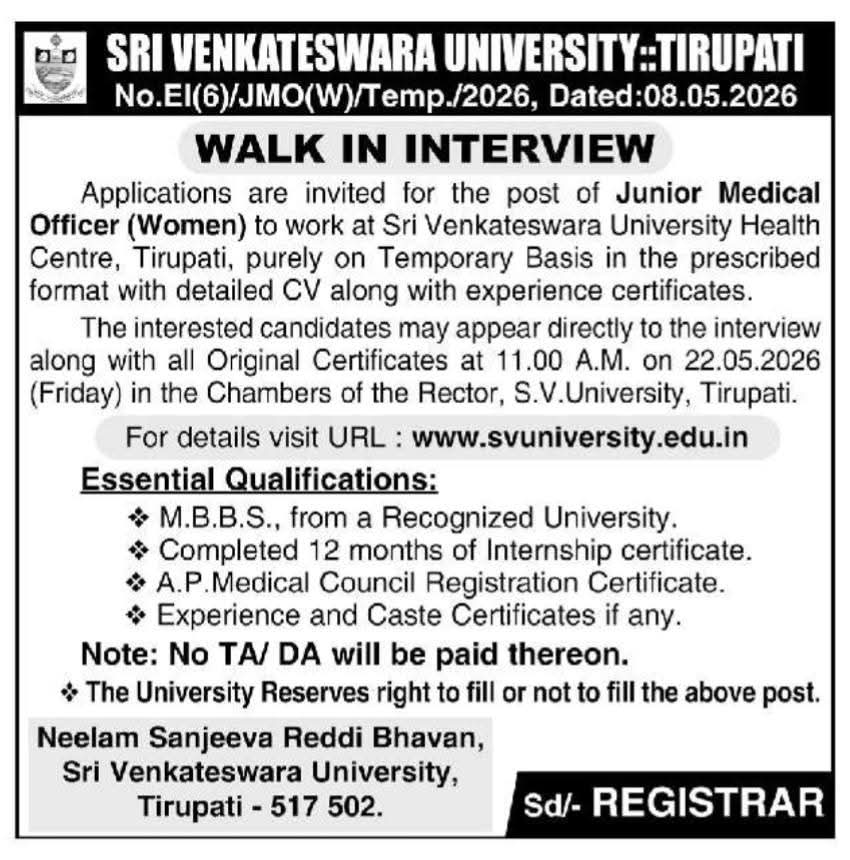 Hiring Junior Medical Officer (Women) at Sri Venkateswara University
