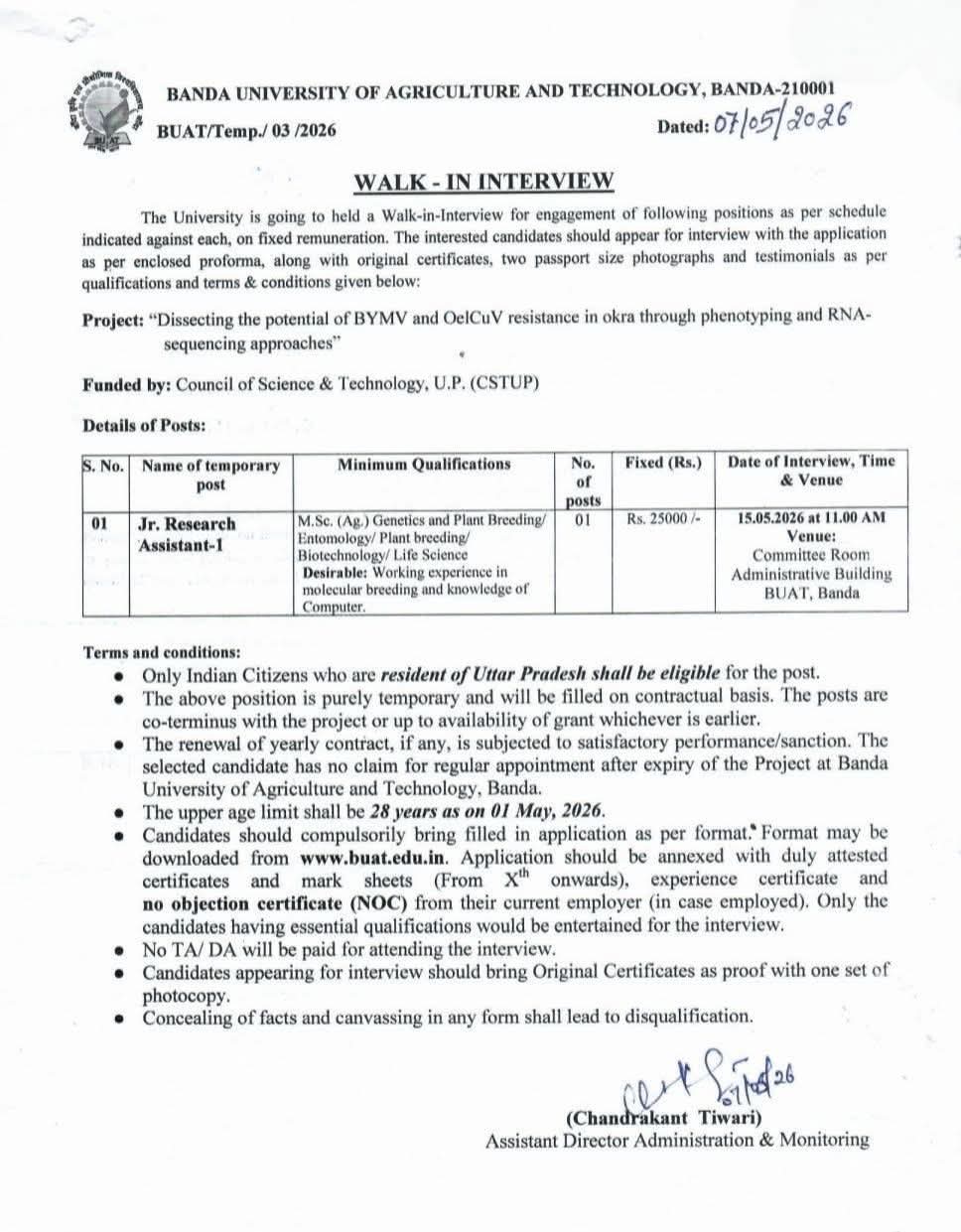 Hiring: Junior Research Assistant at BUAT
