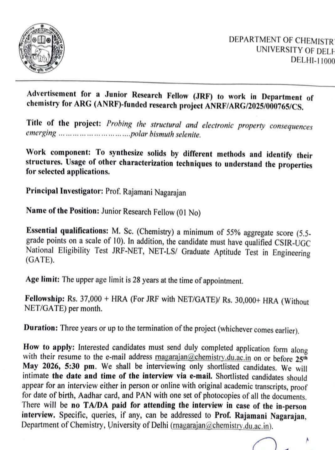 Hiring: Junior Research Fellow at Department of Chemistry, University of Delhi