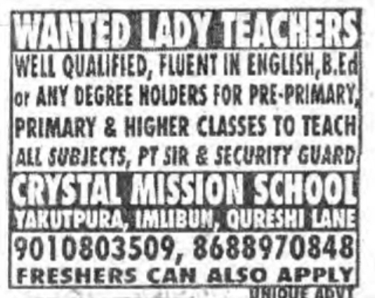 Hiring: Lady Teachers, PT Sir & Guard at Crystal Mission School