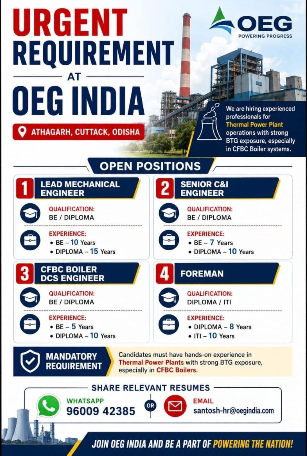 Hiring: Lead Mechanical, C&I, DCS Engineers & Foremen