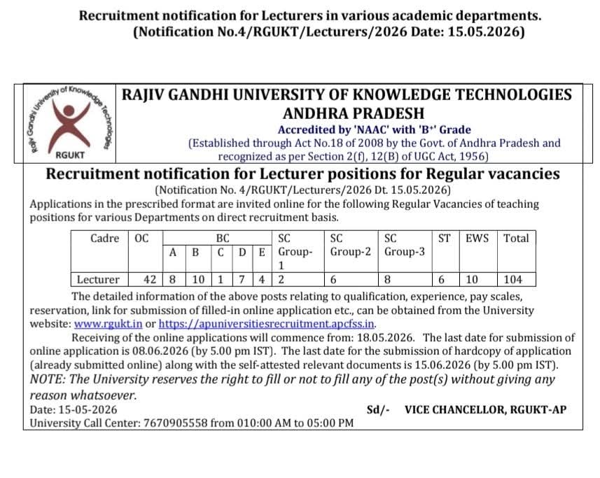 Hiring: Lecturer at Rajiv Gandhi University of Knowledge Technologies (RGUKT) AP