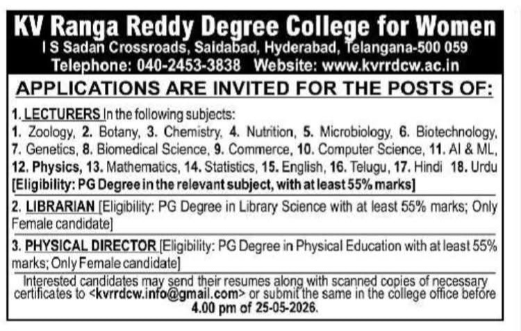 Hiring Lecturers and Staff at KV Ranga Reddy Degree College for Women