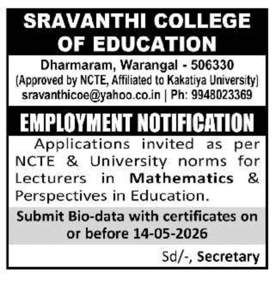 Hiring Lecturers at Sravanthi College of Education