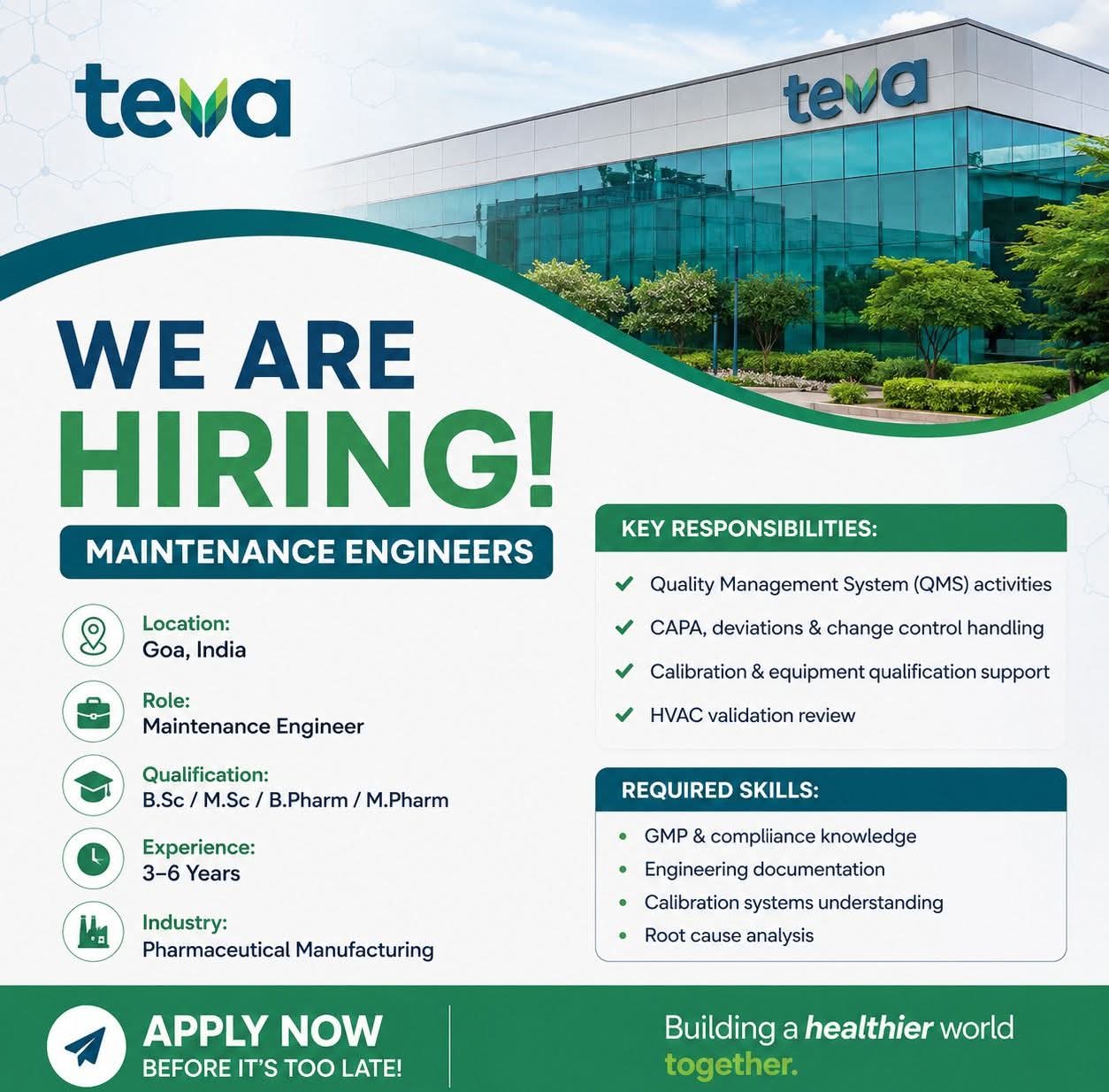 Hiring: Maintenance Engineers at Teva Pharmaceuticals