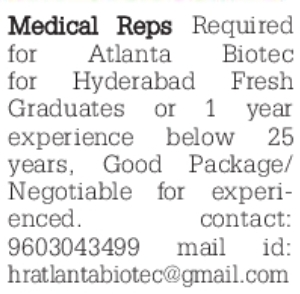 Hiring: Medical Representatives at Atlanta Biotec