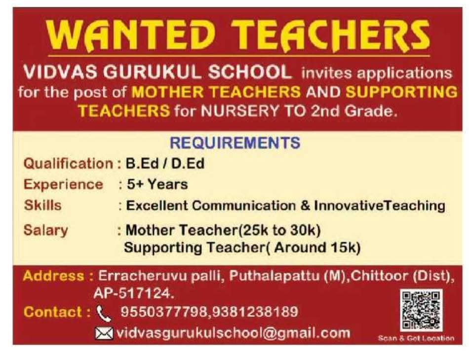 Hiring: Mother & Supporting Teachers at Vidvas Gurukul School