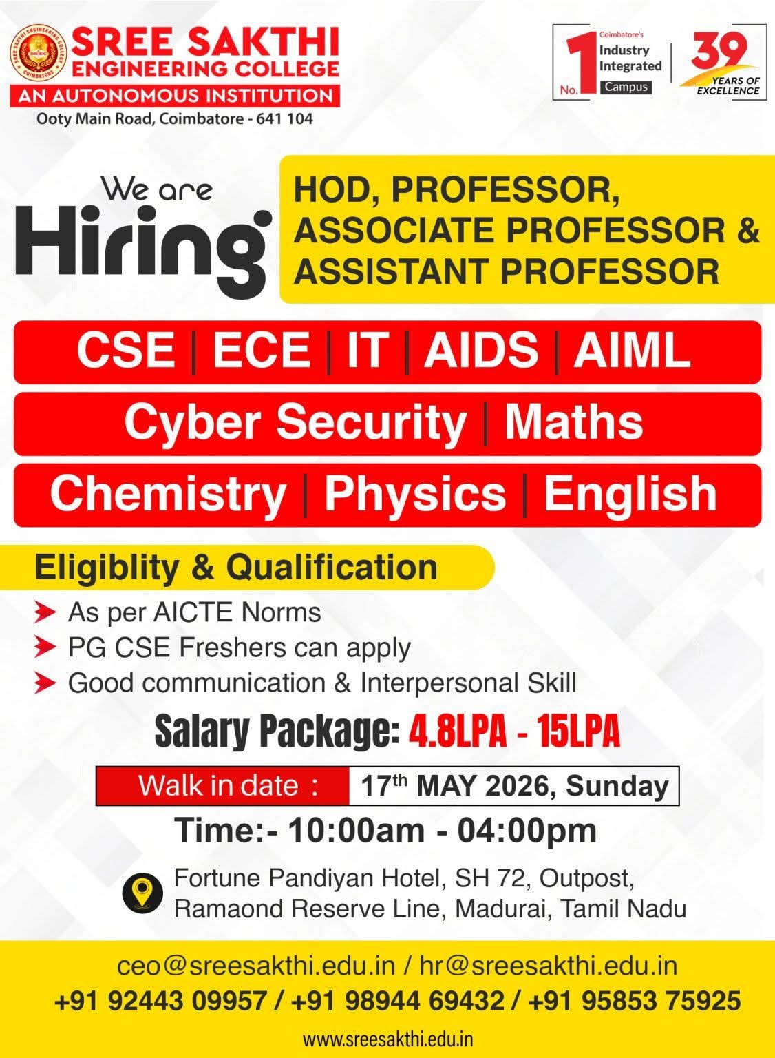 Hiring Multiple Faculty Roles at Sree Sakthi Engineering College