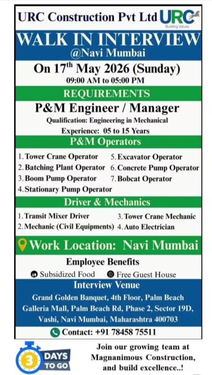 Hiring: Multiple Roles at URC Construction Pvt Ltd