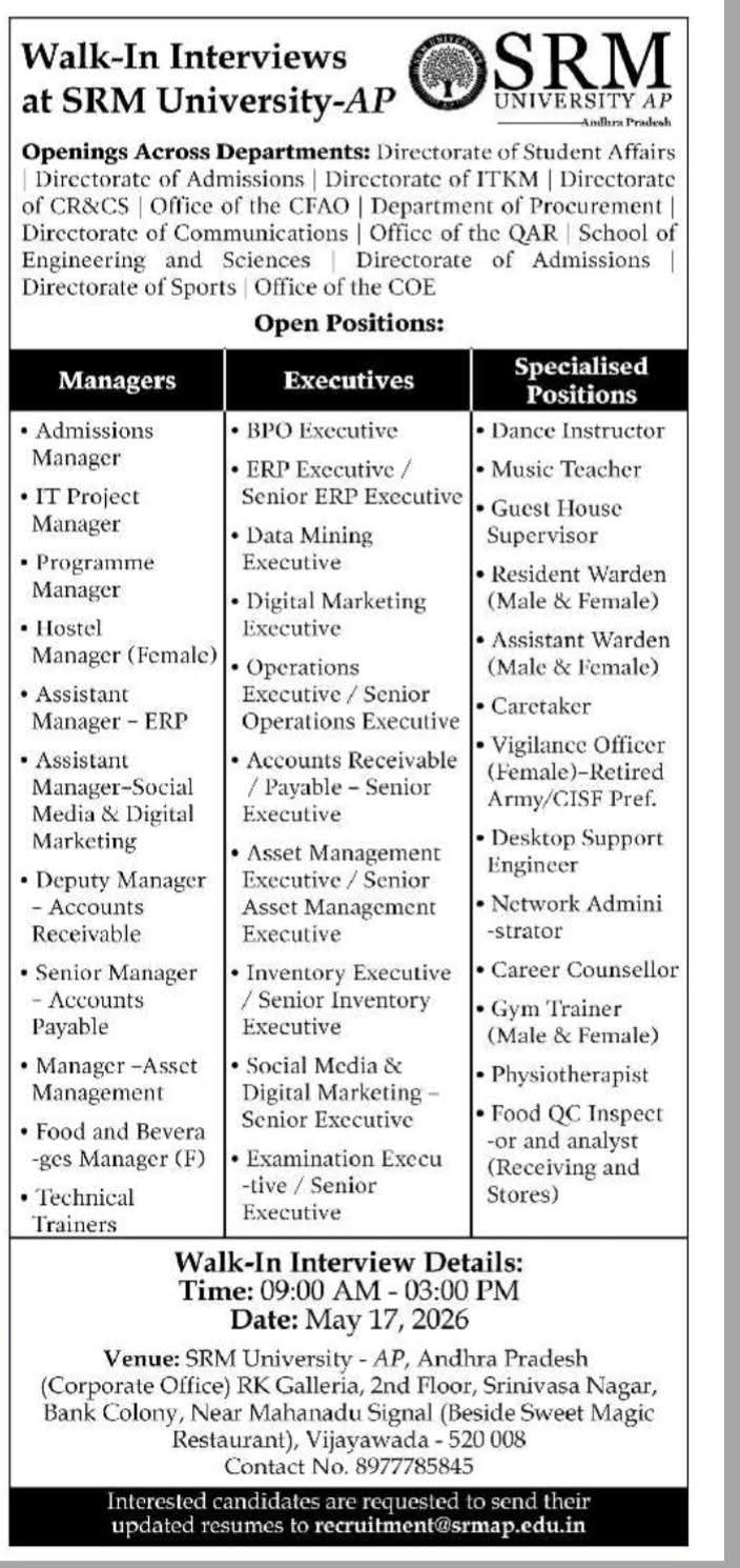 Hiring: Multiple Staff Roles at SRM University-AP