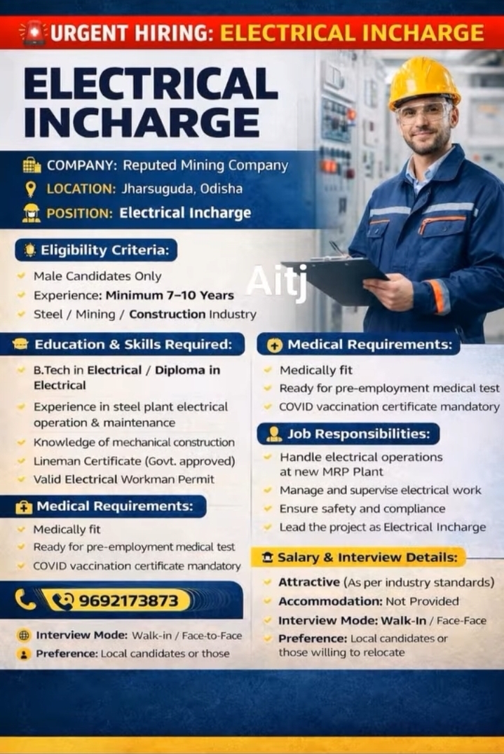 Hiring Now: Electrical Incharge