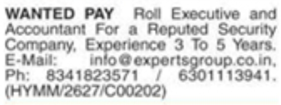 Hiring Pay Roll Executive and Accountant