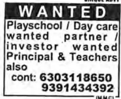 Hiring: Principal and Teachers for Playschool/Daycare