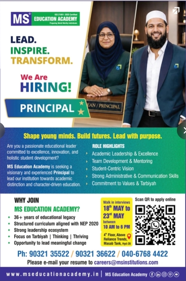 Hiring: Principal at MS Education Academy Masab Tank