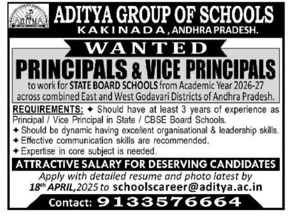 Hiring Principals & Vice Principals At Aditya Group of Schools