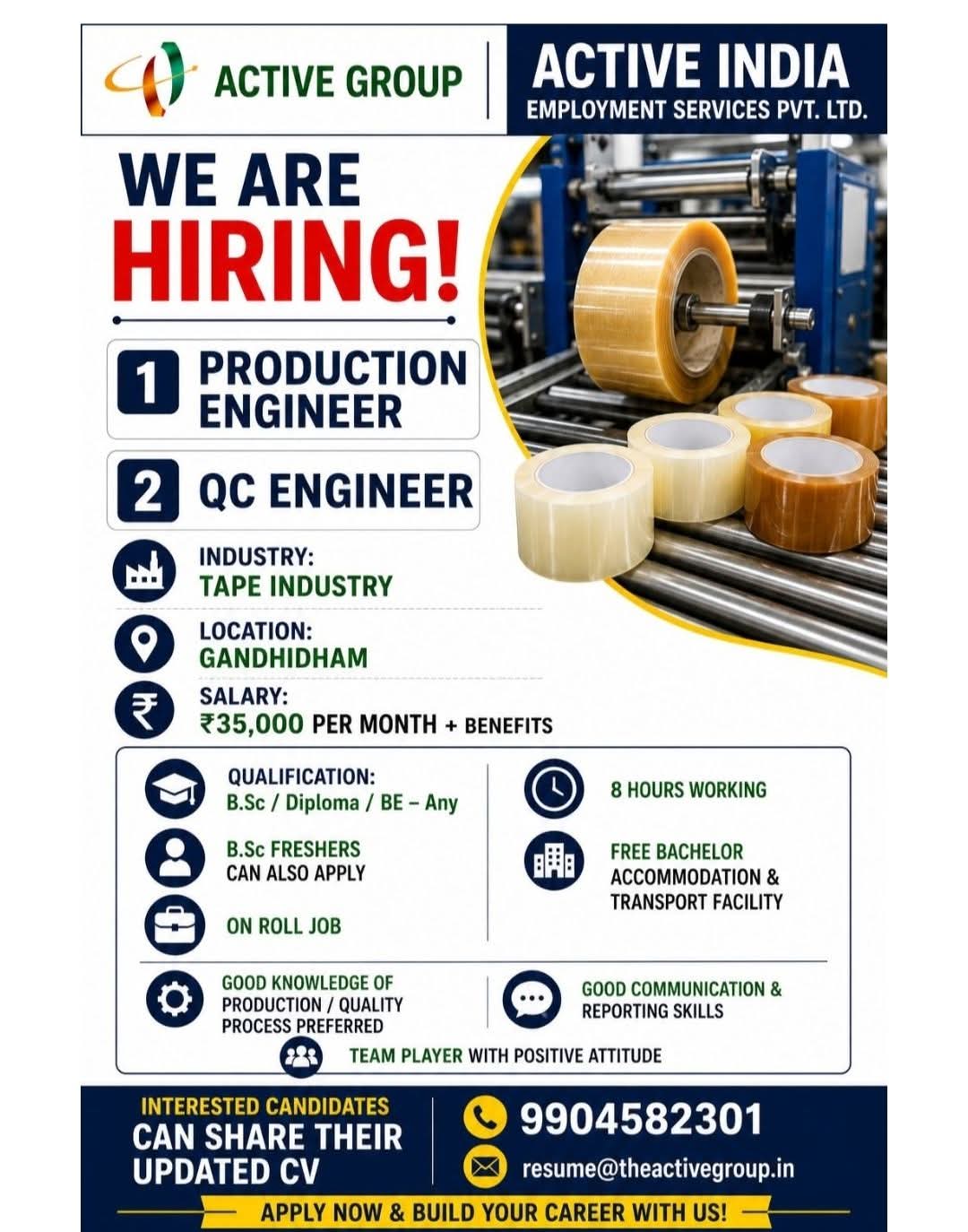 Hiring: Production & QC Engineer at Active India Employment Services Pvt. Ltd.
