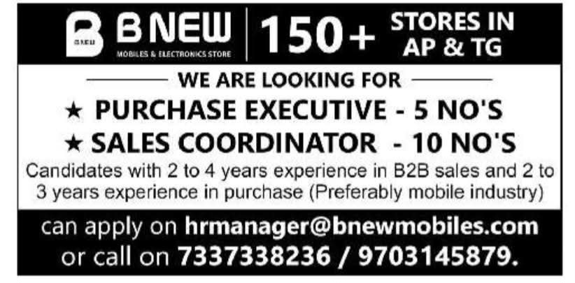 Hiring Purchase & Sales Professionals at B New Mobiles