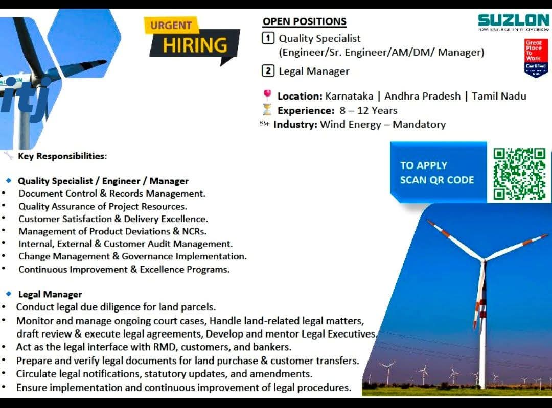 Hiring: Quality Specialist & Legal Manager