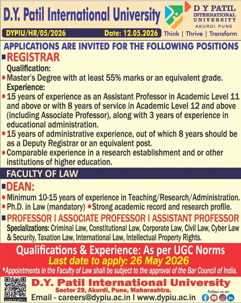 Hiring: Registrar & Law Faculty at  DYPIU