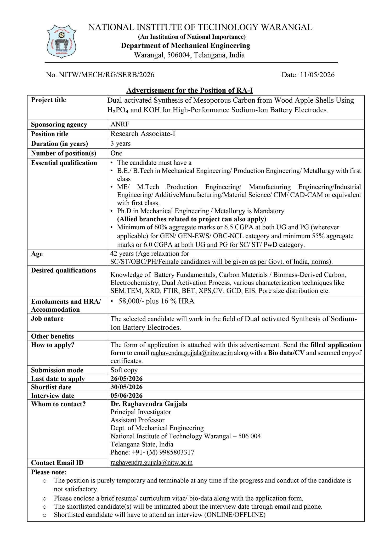 Hiring: Research Associate-I (RA-I) at NIT
