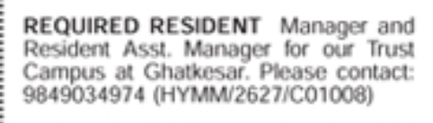Hiring Resident Manager & Resident Assistant Manager