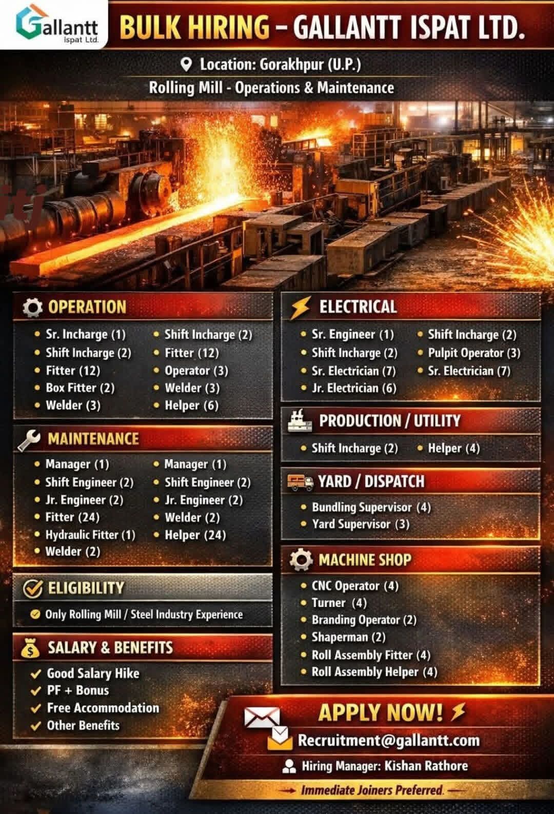 Hiring For Gallantt Ispat Ltd