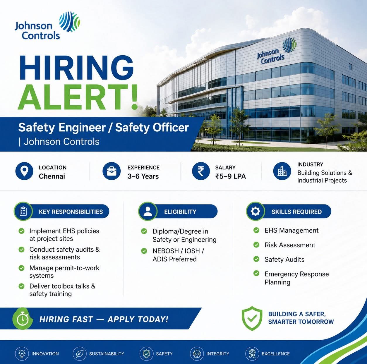 Hiring: Safety Engineer / Safety Officer at Johnson Controls