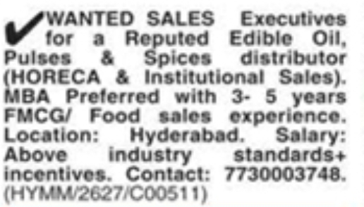 Hiring Sales Executives for Edible Oil, Pulses & Spices Distribution