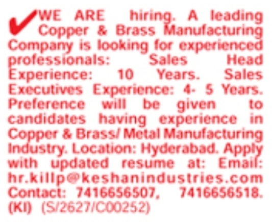 Hiring: Sales Head & Sales Executives at Keshan Industries