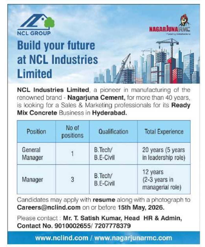 Hiring Sales & Marketing Professionals at NCL Industries