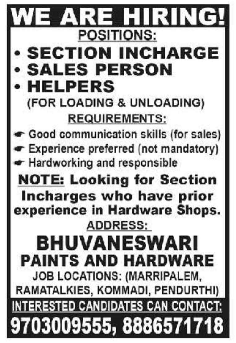 Hiring Section Incharges, Sales Staff, & Helpers