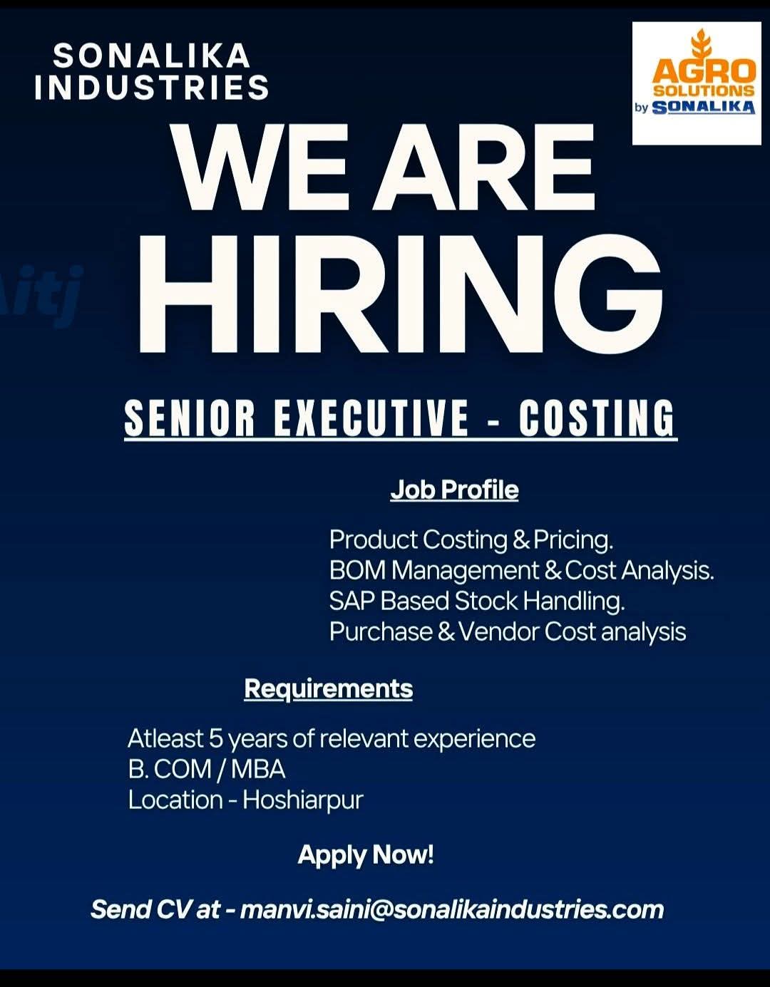 Hiring Senior Executive  - Costing