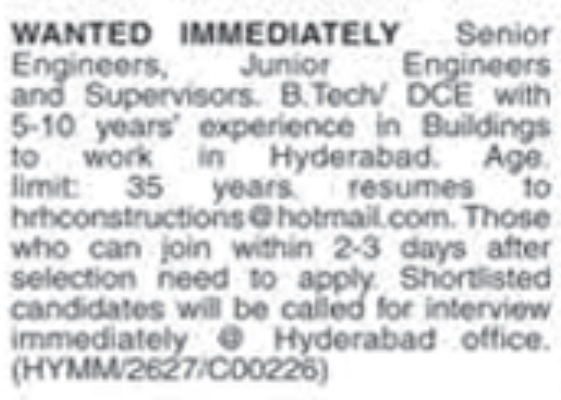 Hiring Senior/ Junior Engineers & Supervisors