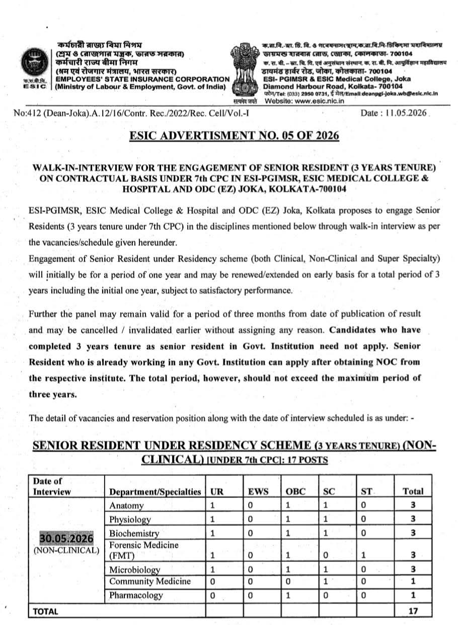 Hiring: Senior Residents at ESIC Medical College