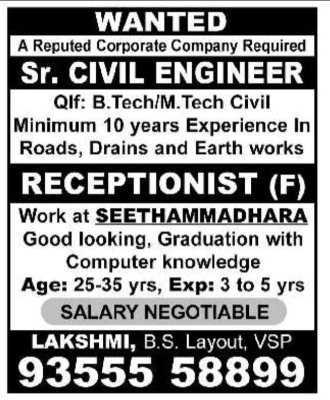 Hiring Sr. Civil Engineer & Female Receptionist