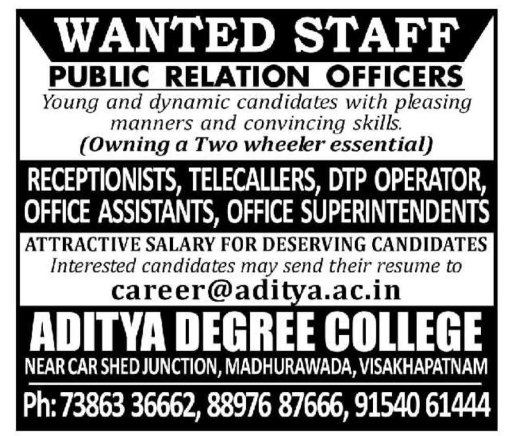 Hiring Staff At Aditya Degree College