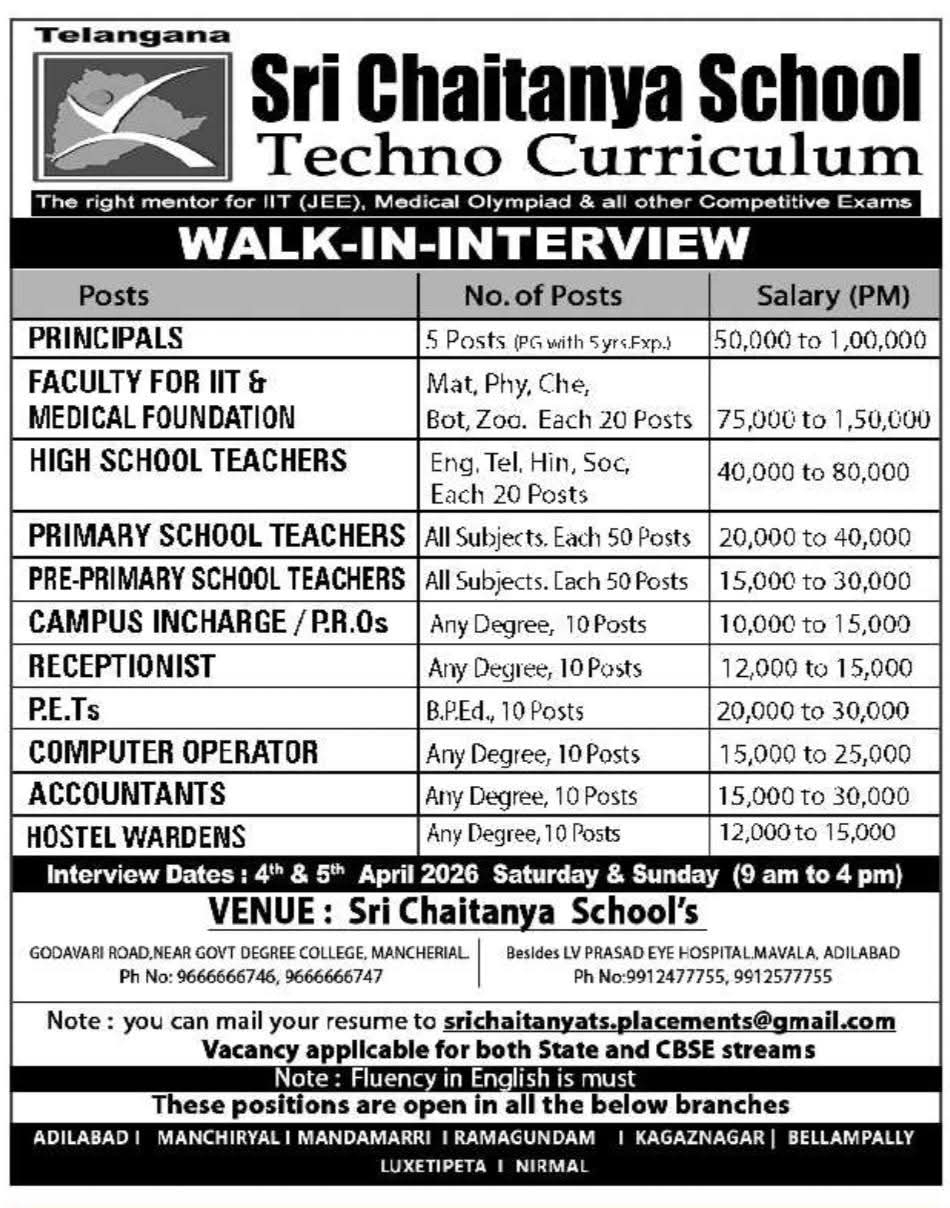Hiring Teaching & Non- Teaching Staff For Sri Chaitanya School