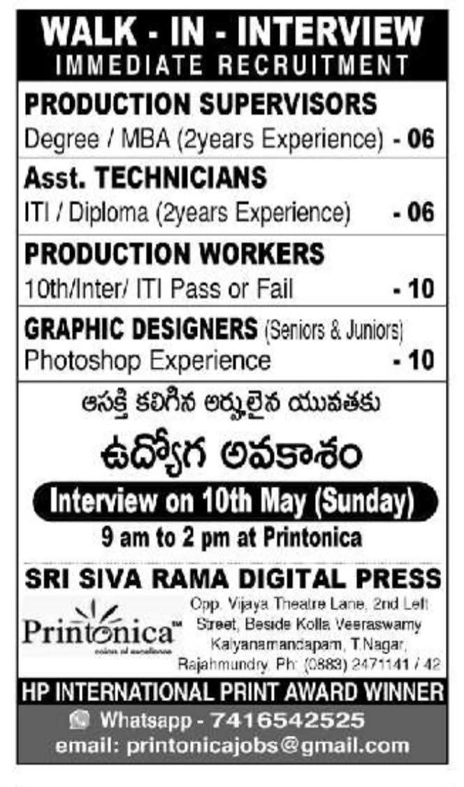 Hiring Supervisors, Technicians, and Designers at Printonica