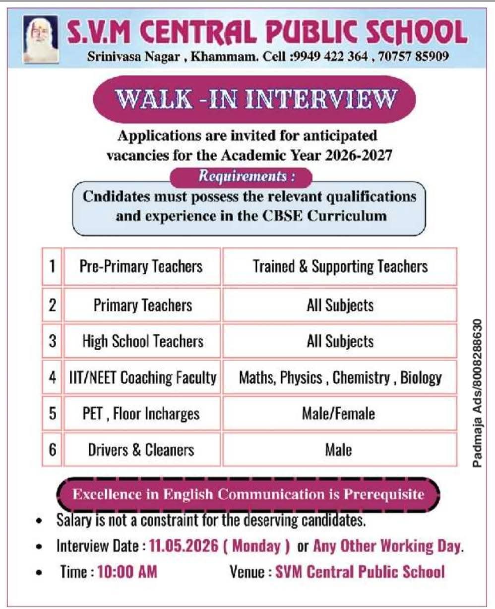 Hiring Teachers and Staff at S.V.M Central Public School