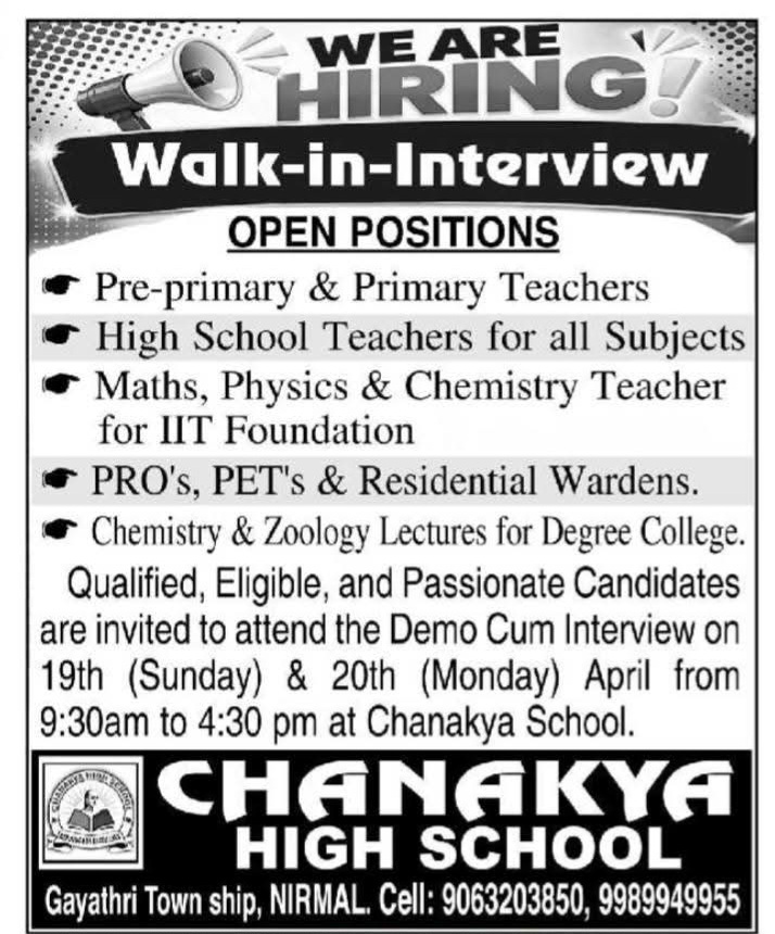 Hiring Teachers At Chanakya High School
