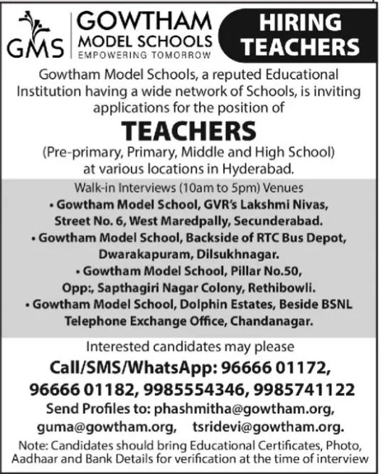 Hiring Teachers At Gowtham Model Schools