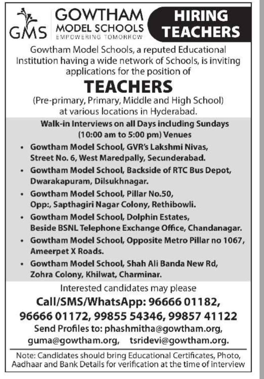Hiring: Teachers at Gowtham Model Schools