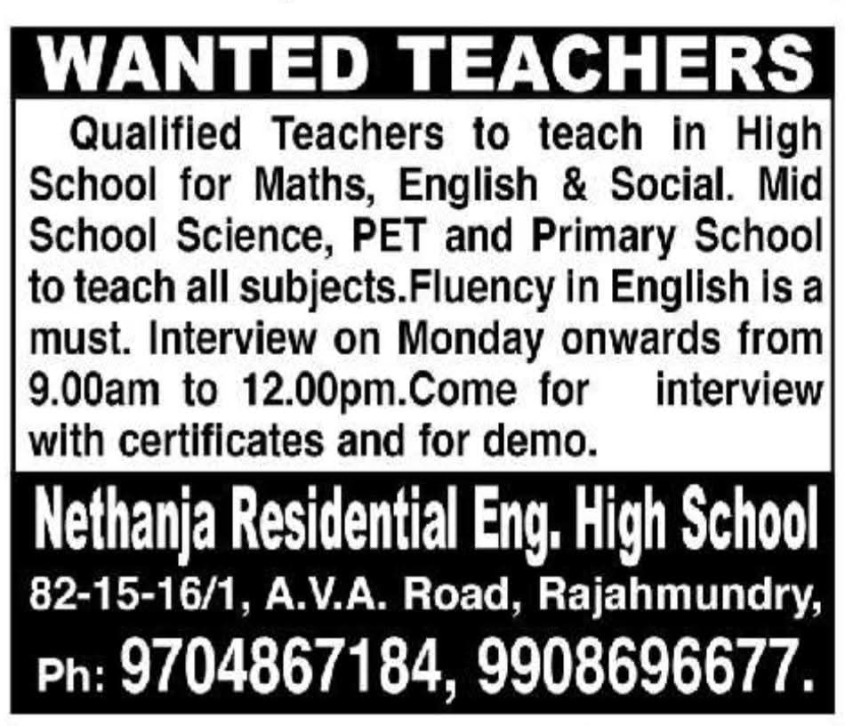 Hiring: Teachers at Nethanja Residential Eng. High School