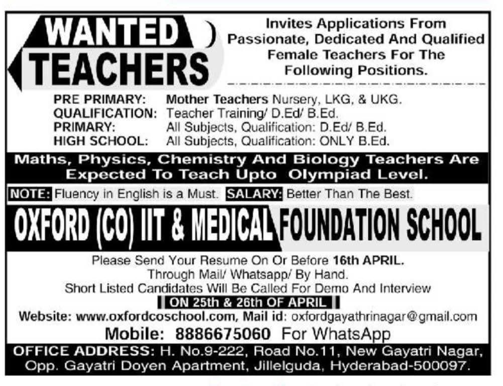 Hiring Teachers At Oxford (Co) IIT & Medical Foundation School