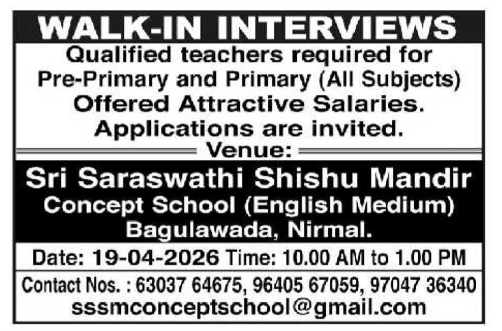 Hiring Teachers At Sri Saraswathi Shishu Mandir Concept School