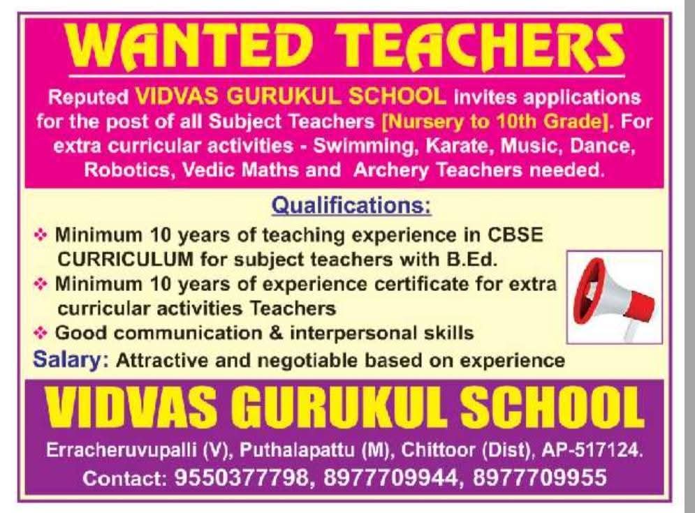 Hiring Teachers At Vidvas Gurukul School