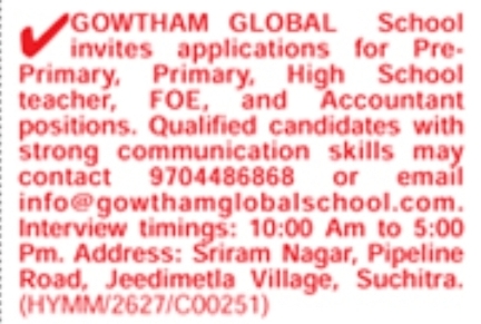 Hiring Teachers, FOE & Accountant